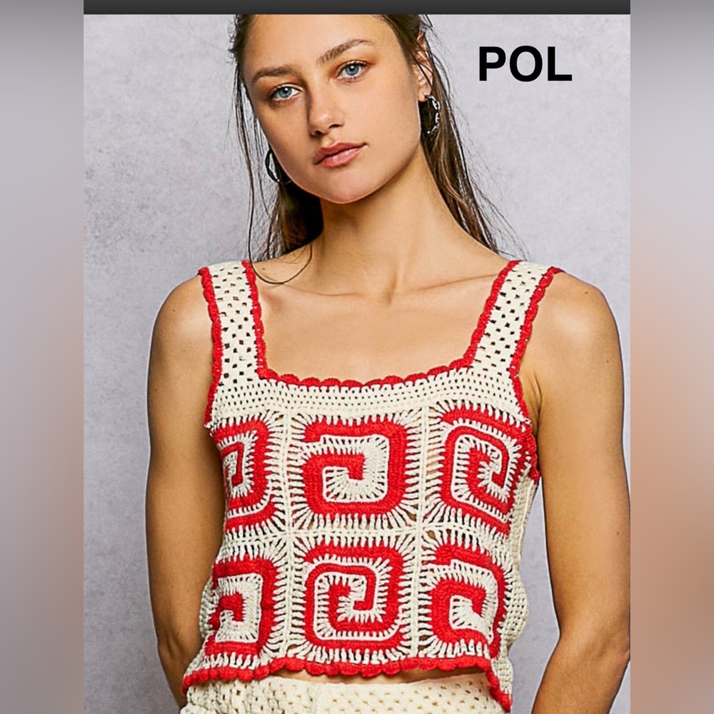 BP224-9❤️🤍POL pretty Crochet Crop Top in Red and Cream-perfect layer or w/shorts